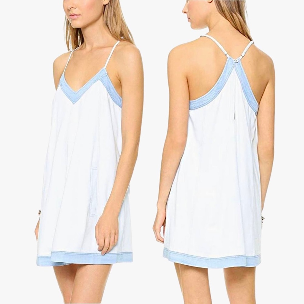 ADDISON Wyton A-Line Racerback V-Neck Light Wash Chambray Dress - Picture 1 of 14